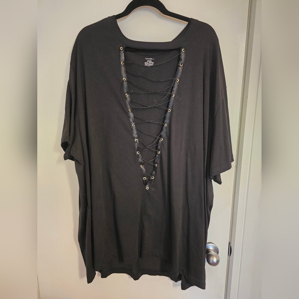 Lace-Up Deep V-Neck Black Tee 5x